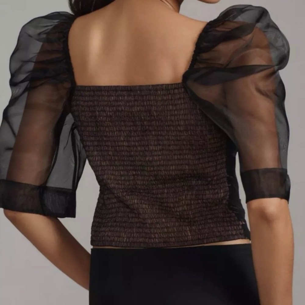 Anthropologie Black Sheer Puff Sleeve Smocked Top